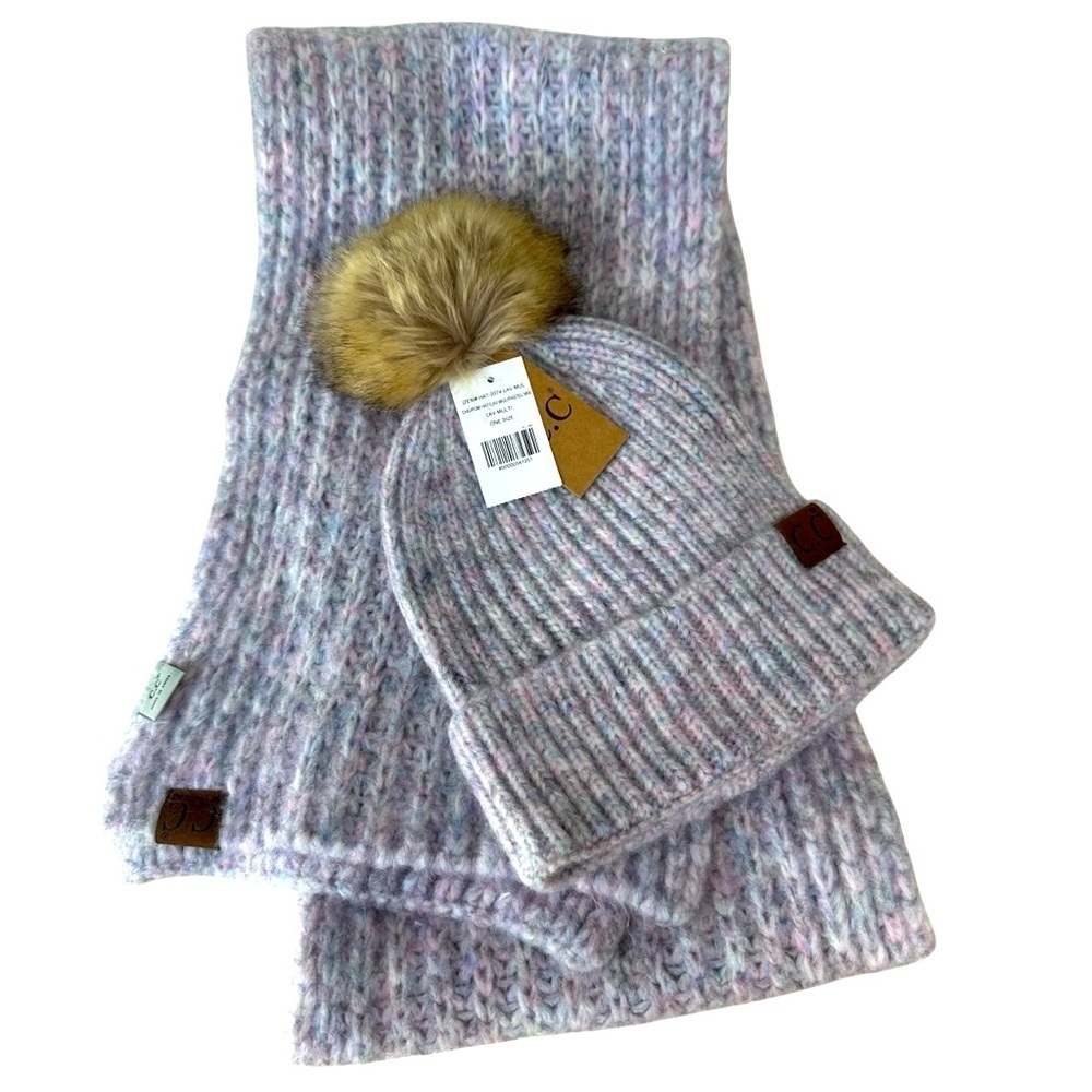C. C Cozy Knit Pom Beanie Hat and Scarf Set - Multicolor Pinkish Purple Lavender
